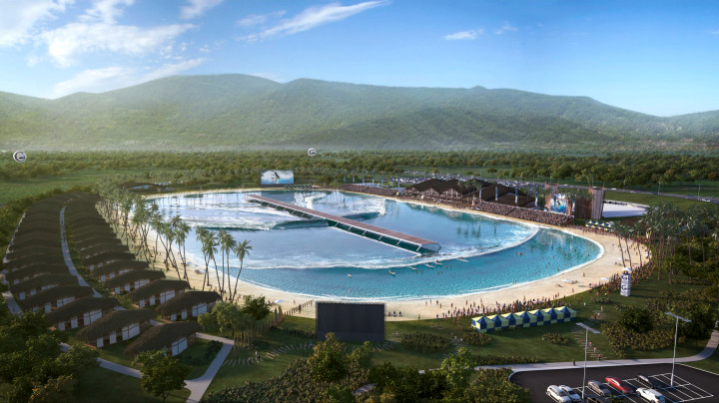 Projeto da Global Wave Parks: segundo Mancuso, a piscina de ondas sozinha não se paga. São necessárias opções de lazer ao redor como lojas, restaurante, pista de skate, dentre outras.