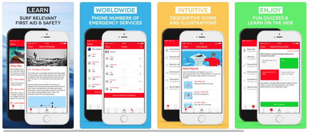 Aplicativo gratuito, Surf First Aid traz dicas de primeiros socorros e fornece acesso rápido aos números de emergência locais ao redor do mundo.