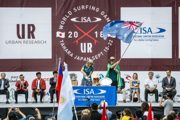 Equipe da Austrália, Cerimônia de abertura do UR ISA World Surfing Games 2018, Long Beach, Tahara, Japão. Foto: ISA / Ben Reed.