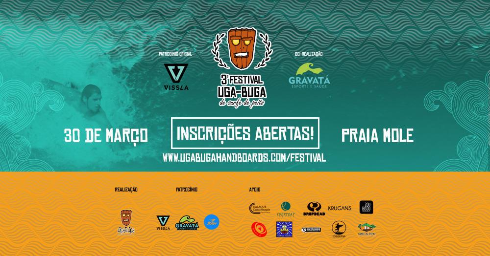 Cartaz da terceira edição do Festival Uga-Buga de Surfe de Peito.
