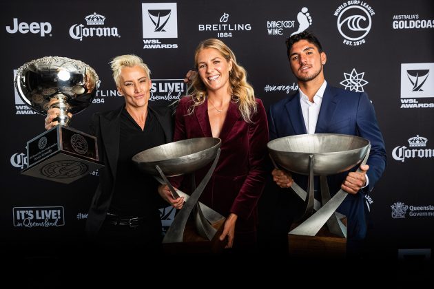 Keala Kennelly, Stephanie-Gilmore e Gabriel Medina, WSL Awards 2019, Gold Coast, Austrália. Foto: WSL / Cestari.