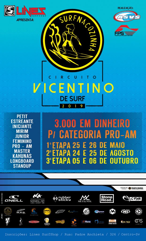 Cartaz do Circuito SurfnaCozinha de Surf Vicentino 2019.