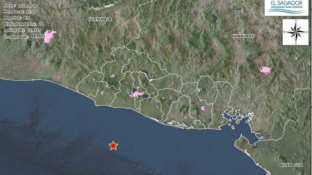 Estrela marca o epicentro do terremoto, ao sudoeste de La Libertad.