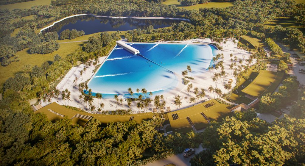 Com uma área de 91 mil metros quadrados e a tecnologia da Wavegarden Cove, Praia da Grama será construída dentro do condomínio de alto padrão Fazenda da Grama.