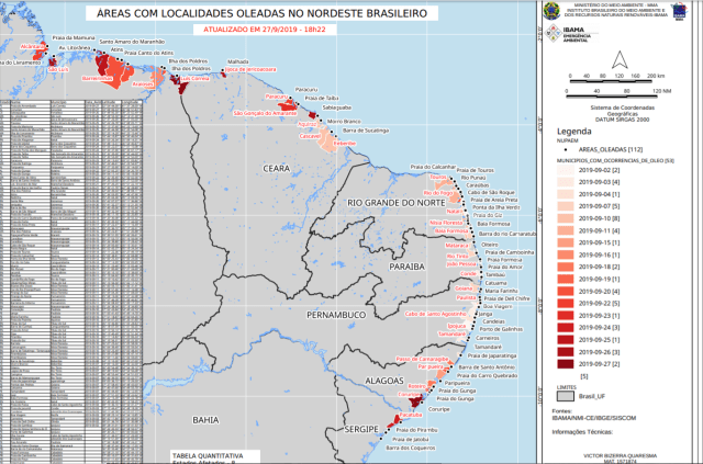 Relatório divulgado pelo Ibama mostra os locais atingidos pelo óleo; mancha chegou ao litoral baiano na última quinta-feira (3).
