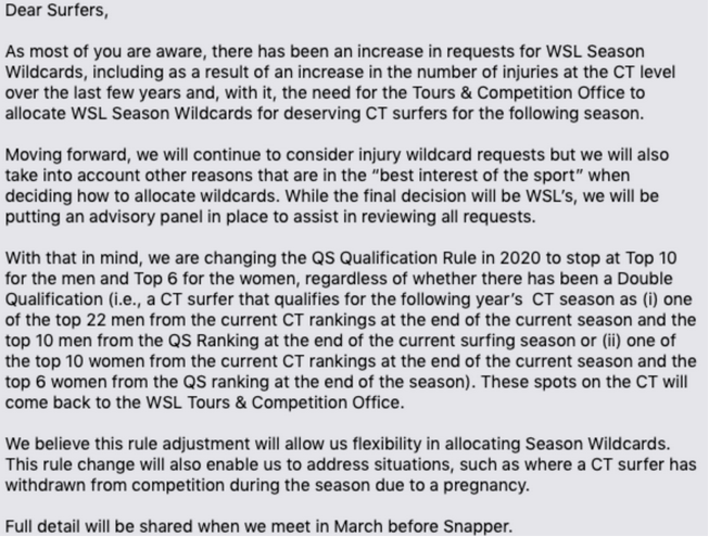 Carta da WSL supostamente direcionada aos atletas.