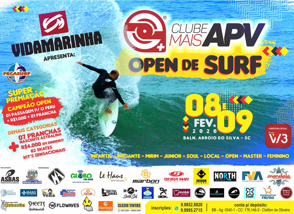 Cartaz do Clube Mais APV Open de Surf 2019.