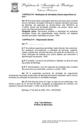 Decreto Prefeitura Municipal de Bertioga. Foto: Reprodução.