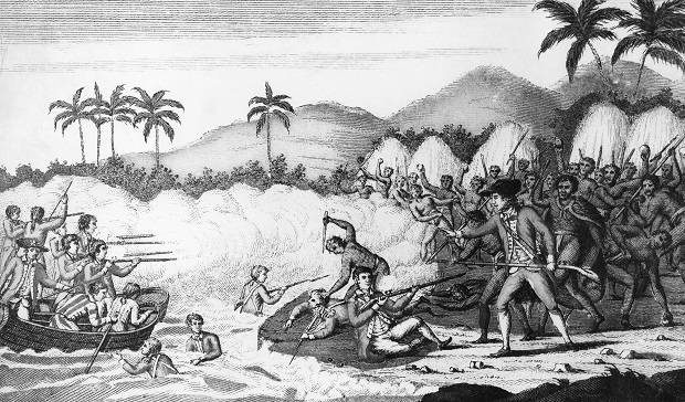 Quadro que retrata a batalha entre James Cook e nativos havaianos.
