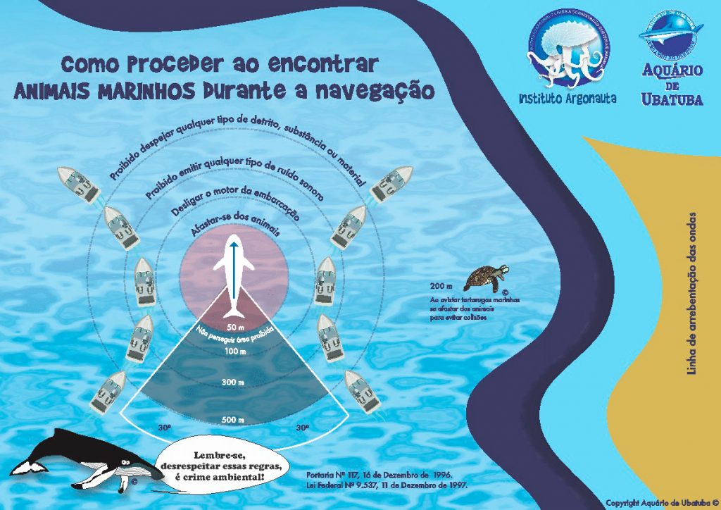 Cartaz de orientação aos navegantes em como proceder ao encontrar animais marinhos durante a navegação, trazendo recomendações especialmente aos cetáceos (mais conhecidos como baleias e golfinhos).