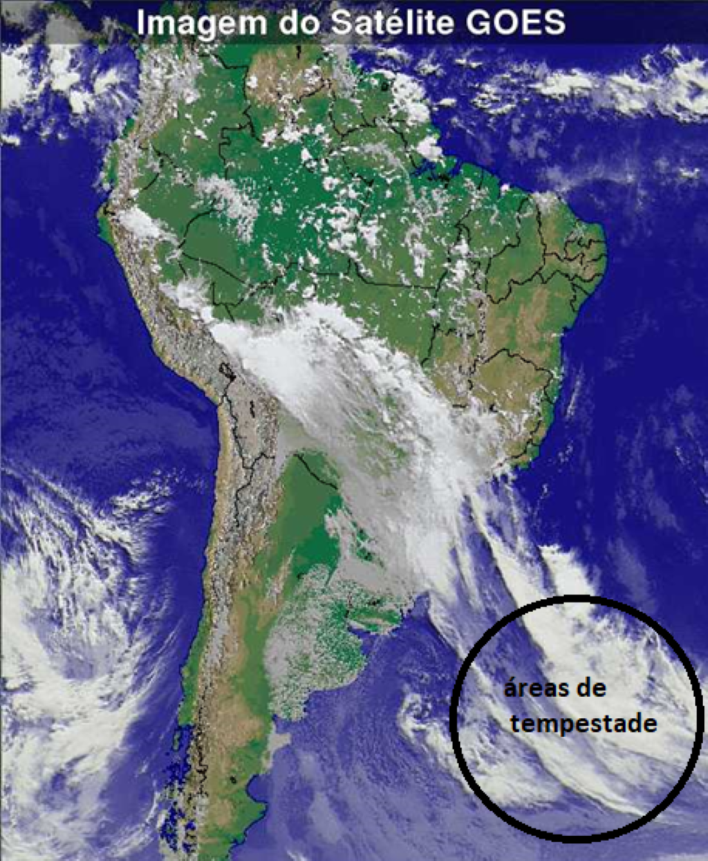 Em destaque, as áreas tempestuosas do Cinturão do Atlântico Sul – região geradora dos swells que atingem a costa brasileira.