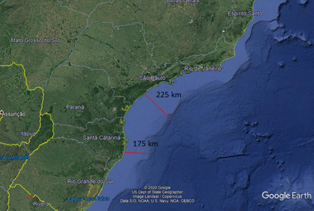 Dimensões da extensa plataforma continental brasileira em diferentes pontos da costa sul e sudeste.
