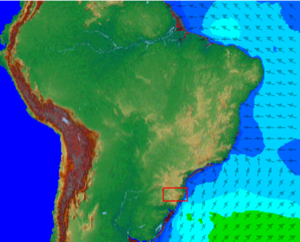 Observe o swell chegando ao litoral sul e sudeste brasileiro e as vagas de leste atuando em boa parte do litoral do nordeste e no Espírito Santo.