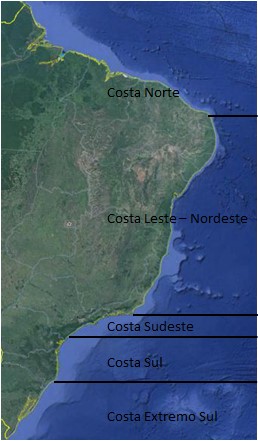 Setores da costa brasileira e suas diferentes características costeiras e oceânicas.