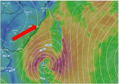 Na figura, observa-se os fortes ventos de Sudoeste (seta vermelha) acompanhando o deslocamento do swell do quadrante sul, que conforme as pequenas setas indicam, tendem a atingir a costa sul do Brasil de “raspão”.