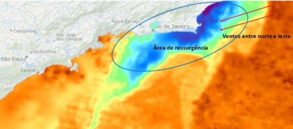Área sob efeito da ressurgência durante o verão junto ao litoral do Rio de Janeiro: observe a diferença de cores, onde as cores amarelo avermelhadas representam temperatura acima dos 23°C e as áreas em azul temperatura abaixo dos 20°C.