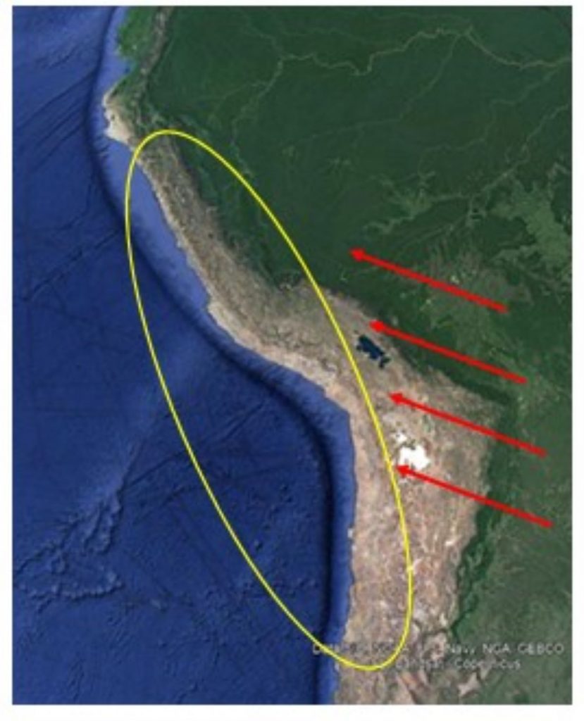 Área de ressurgência no litoral peruano e chileno: as setas vermelhas representam a ação dos ventos alísios, predominantes durante o ano todo. A área circulada em amarelo determina a ampla zona oceânica com predomínio de águas frias.