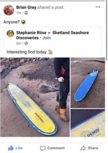 Anúncio do foguete encontrado na praia em Shetland.