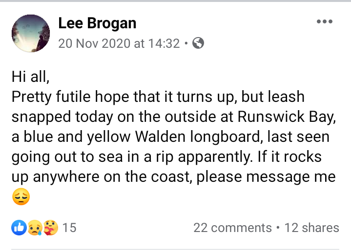 Anúncio de Lee Brogan no dia em que perdeu a fiel companheira.
