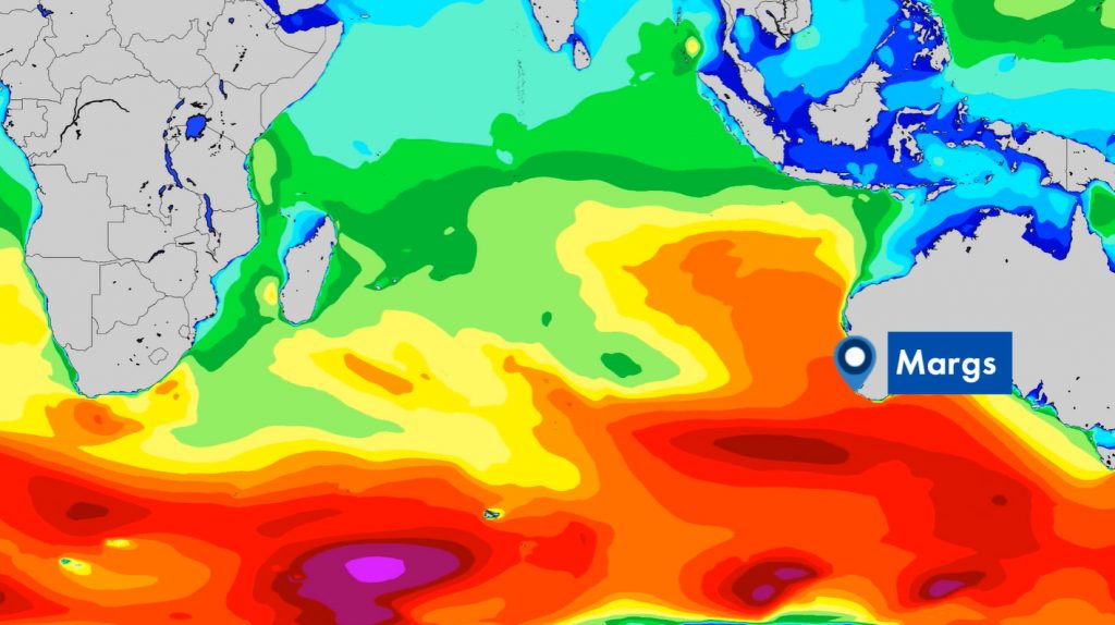 Mapa de previsão das ondas para Margaret River.