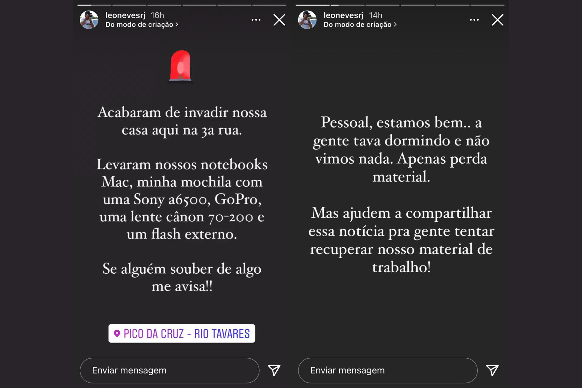 Leo Neves usou as redes sociais para avisar sobre o furto.