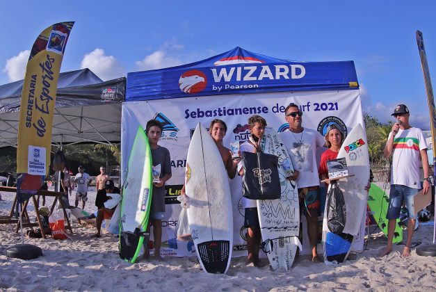 Pódio Sub 12 Masculino, Sebastianense de Surf 2021, Maresias, São Sebastião (SP). Foto: Munir El Hage.
