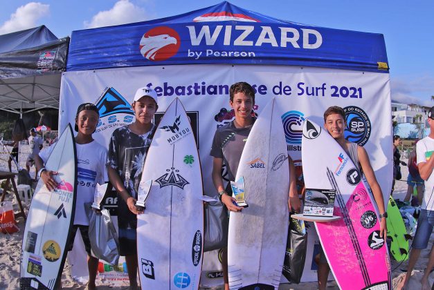 Pódio Sub 14 Masculino, Sebastianense de Surf 2021, Maresias, São Sebastião (SP). Foto: Munir El Hage.