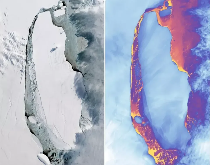 Iceberg quando se separou do continente antártico em imagem visível e térmica.
