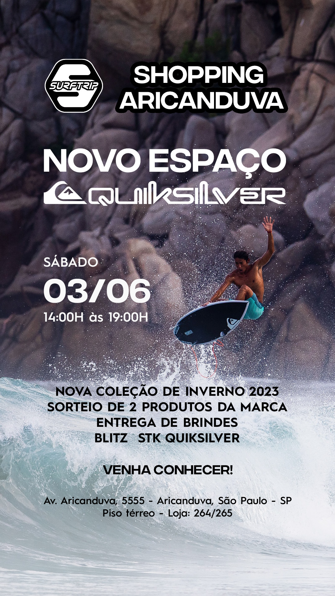 Flyer do evento de inauguração do espaço Quiksilver na Surf Trip do Shopping Aricanduva.