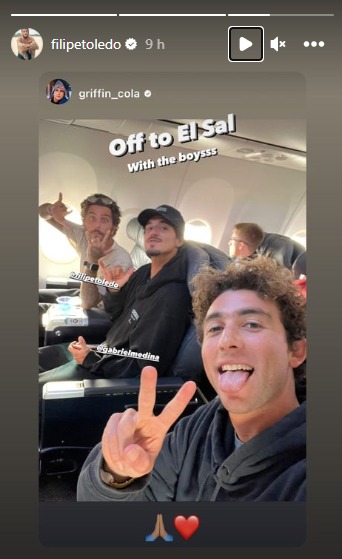 Griffin Colapinto, Gabriel Medina e Filipe Toledo, juntos em voo para El Salvador.