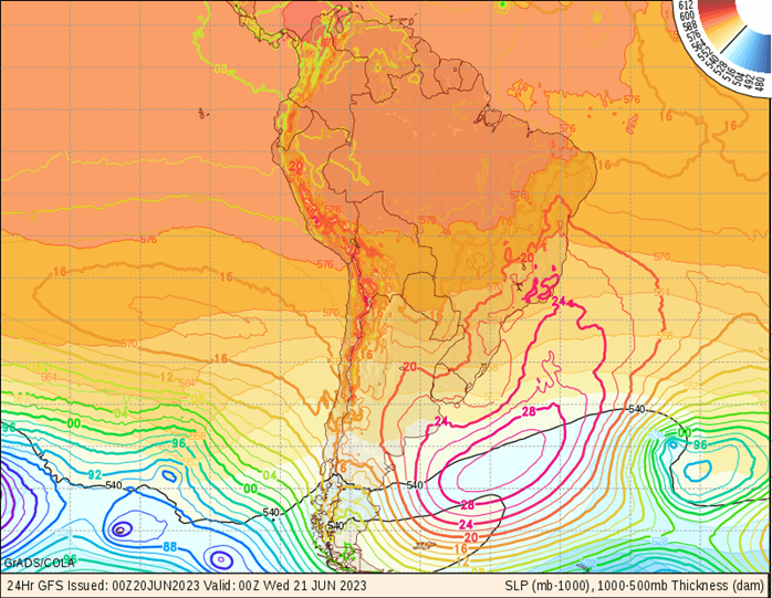 Carta de pressão do modelo GFS para a América do Sul mostra a alta-pressão junto a costa desde o Rio de Janeiro até o sul da Argentina.