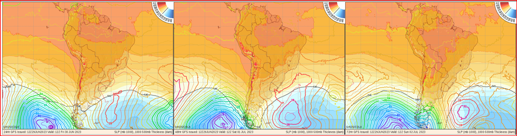 Mapas de pressão atmosférica em superfície para sexta, sábado e domingo mostram a alta pressão Subtropical do Atlântico Sul (ASAS) dominando toda a região sul e sudeste (Fonte CODA).