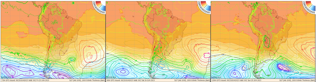Carta de pressão ao nível do mar e espessura do modelo GFS, mostra a evolução dos ciclones ao Sul do Rio da Prata para a próxima sexta, sábado e domingo.