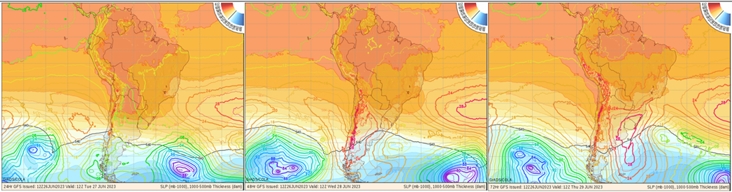 Mapas de pressão atmosférica em superfície para terça, quarta e quinta, mostram a passagem do ciclone pela região do Rio da Prata e Sul do Brasil, que vai rodar ainda nesta terça para quarta-feira, gerando uma ondulação de S-SE (Fonte CODA).