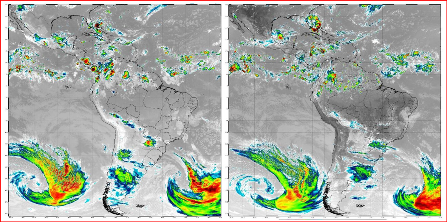 Imagem infravermelha de quinta-feira do satélite GOES (INPE/CPTEC/NOAA) retirada do aplicativo www.mapsat.br mostra dois ciclones, um no Oceano Pacífico e outro no Oceano Atlântico, quase em perfeita sincronia. A minha interpretação é que o fluxo meridional gerado pelo vento Sul, começa a mostrar um novo padrão para o mês de agosto, com a cava da onda de Rossby indo mais na direção norte e a crista mais na direção sul (Fonte: MAPSAT).