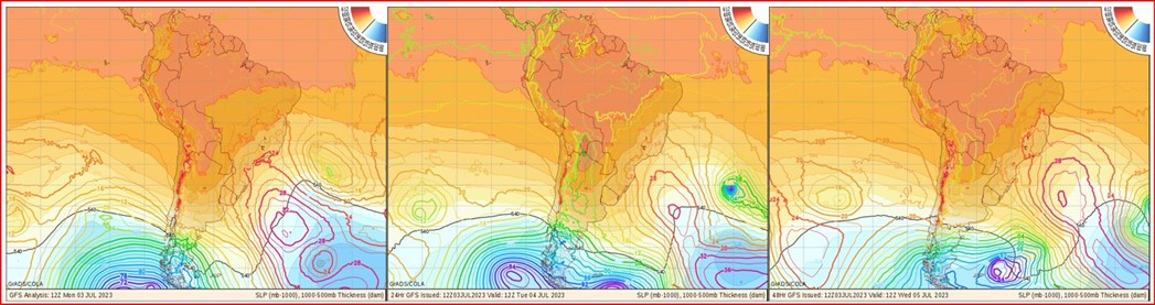 Mapas de pressão atmosférica em superfície para segunda, terça e quarta, mostram a alta pressão entre dois ciclones nesta semana; um na terça na região sudeste e outro na quarta na região das Malvinas (Fonte CODA).
