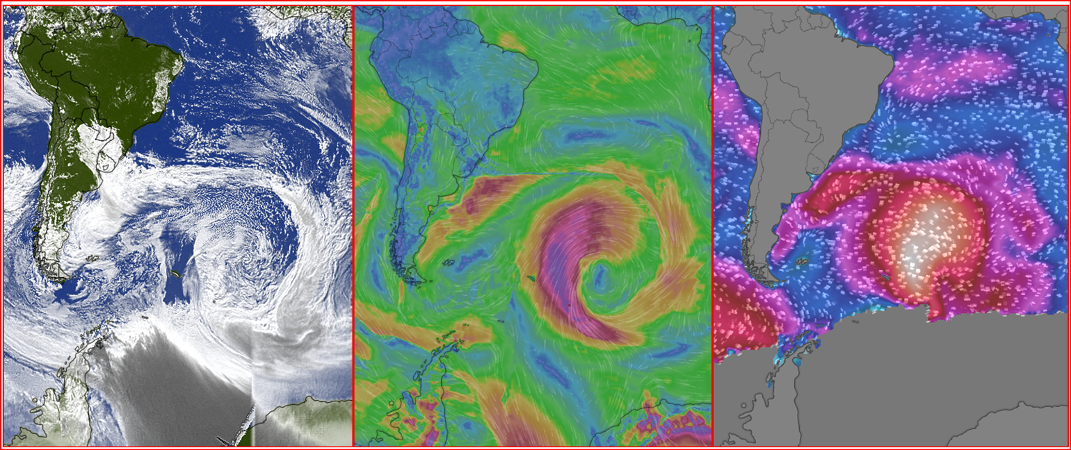 Imagem mostra ciclone já em fase de oclusão, final de vida no meio do Atlântico, e uma forte nebulosidade junto a costa da Argentina e Uruguai.