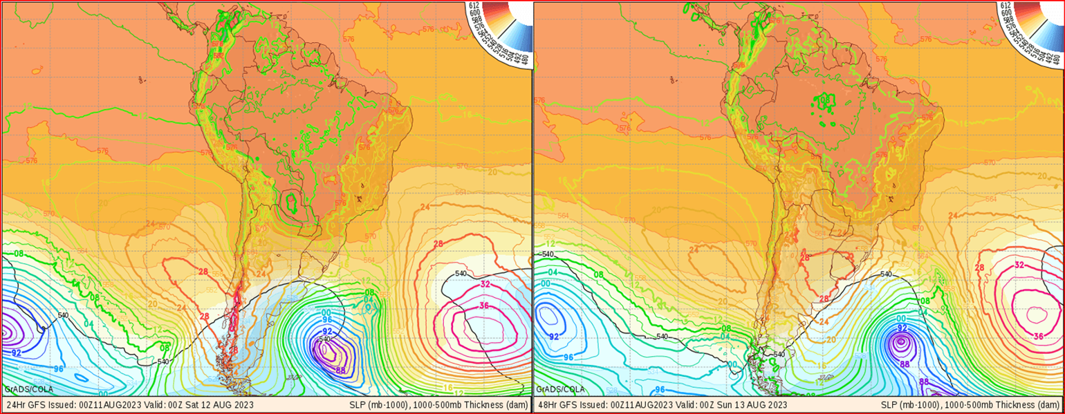Zona de geração nas Malvinas garante ondulação de sudoeste no domingo e de sul na segunda e terça-feira (Fonte: www.wxmaps.org).