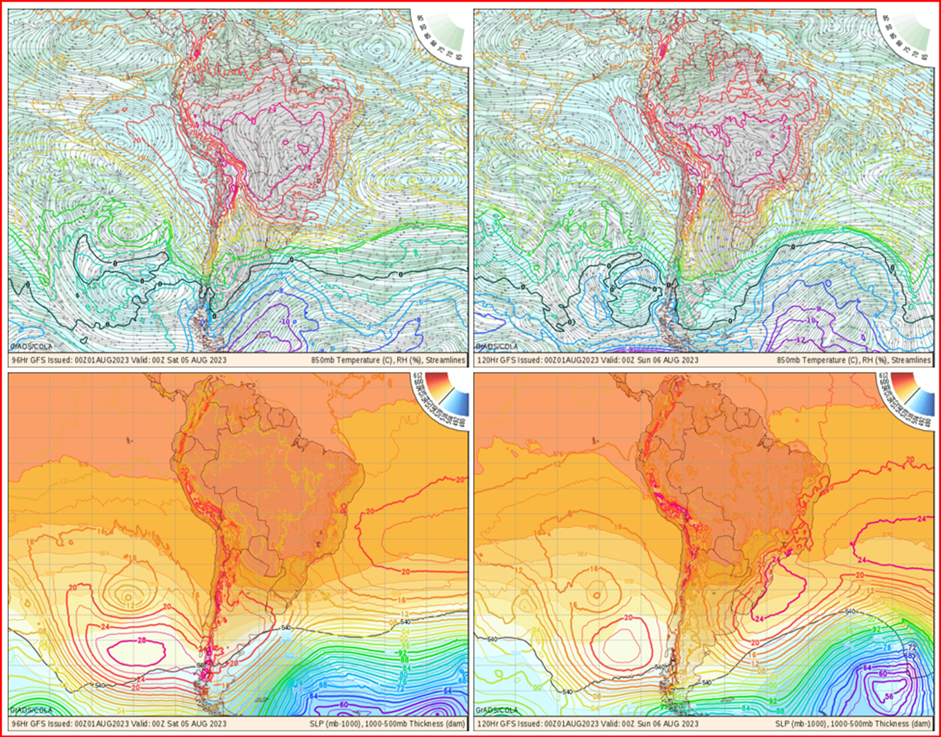Mapas de pressão atmosférica em 850 hPa, temperatura (°C), umidade relativa (%) e linhas de vento; juntamente com os mapas de pressão com ao nível do mar com base na previsão do GFS (Fonte: www.wxmaps.org).
A baixa pressão bem ao sul apresenta uma mudança na direção com formação da pista de vento e geração de ondas de Sul/sudoeste parra norte/Nordeste no sábado, com possível formação de um ciclone junto a costa do Uruguai e Rio Grande do Sul. Domingo a alta polar já se apresenta, o que indica que a pista de vento terá curta duração no sentido favorável a geração de ondas para a costa brasileira.
