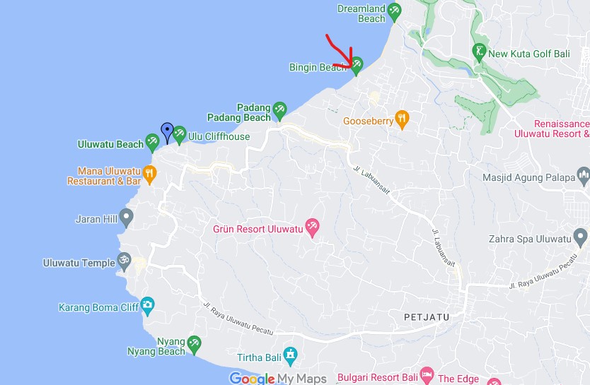 Mapa de Bali destaca localização de Bingin. 