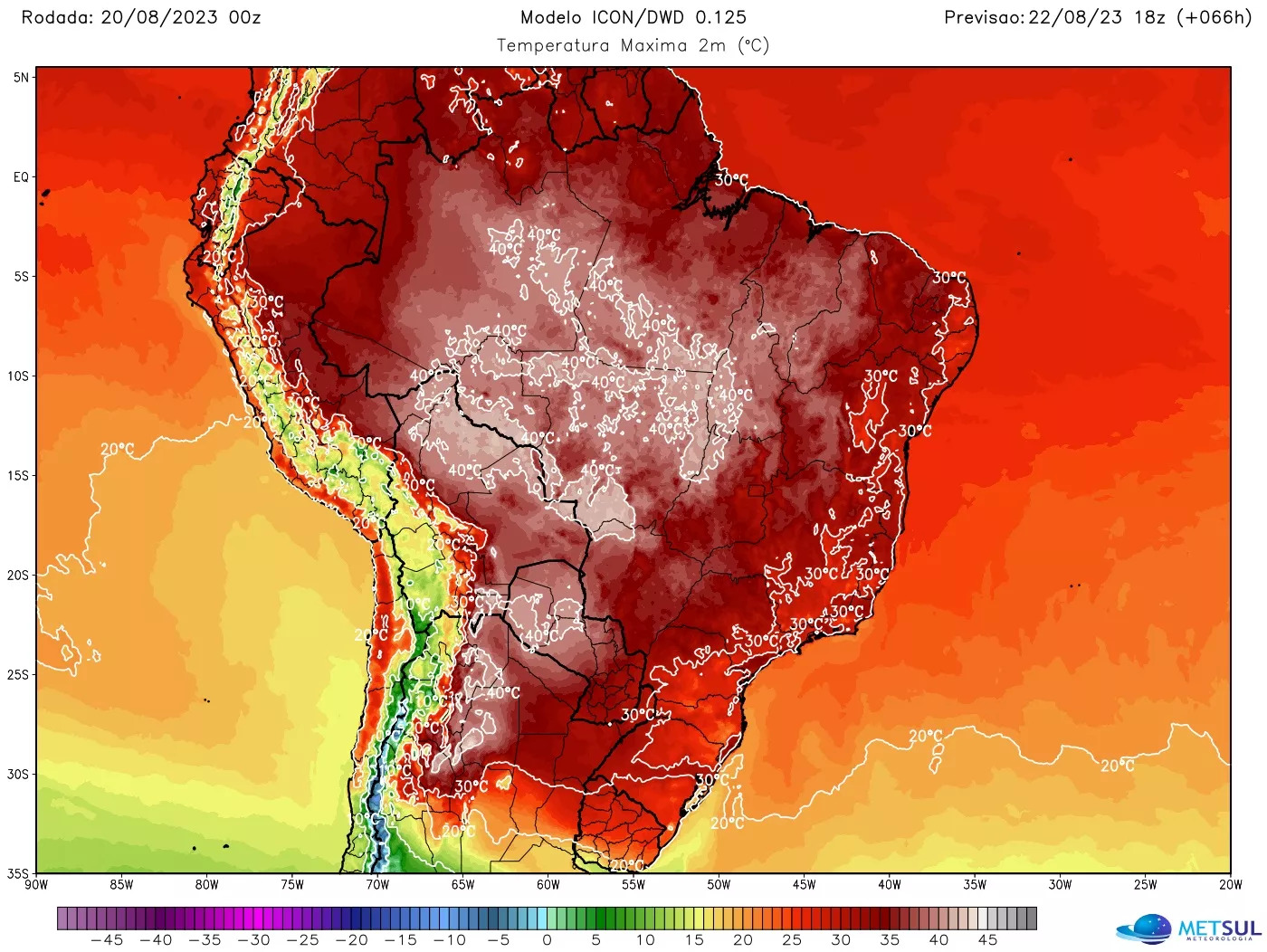 Modelo ICON/DWD indica forte calor no Brasil a partir desta terça-feira.