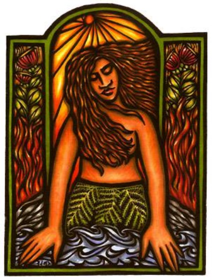 Filha de Haumea (Deusa da fertilidade) e Kãne (deus do Sol e do Céu).
Hi’iaka é a deusa que representa o próprio Havaí. Podemos dizer que é uma prima de Iemanjá.