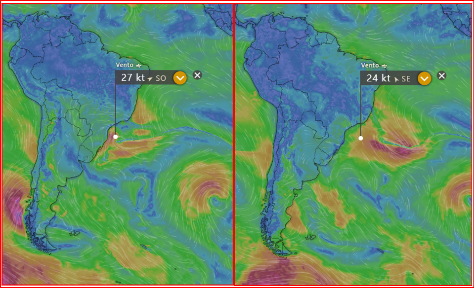 Imagens de quarta e de quinta-feira mostram ciclone na latitude de Floripa (WINDY).