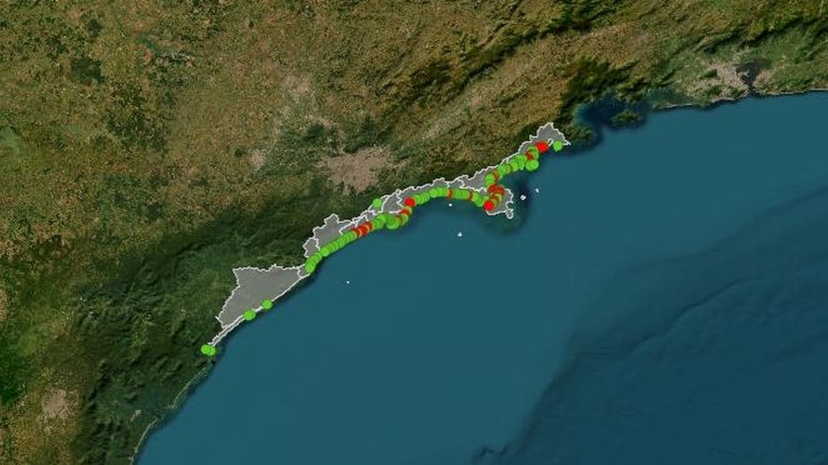 Mapa interativo permite localizar praias adequadas para banhistas.