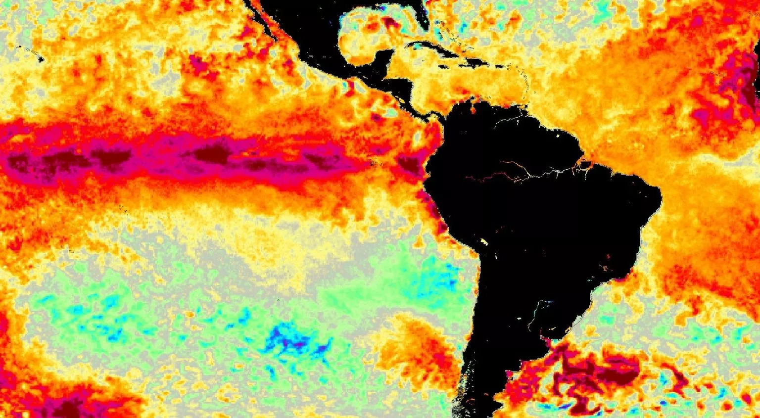 Mapa exibe El Niño no Pacífico Equatorial no fim de janeiro.