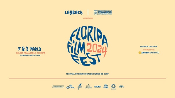 Cartaz do Floripa Film Fest, que acontece durante Layback Pro na Praia Mole, Florianópolis (SC)