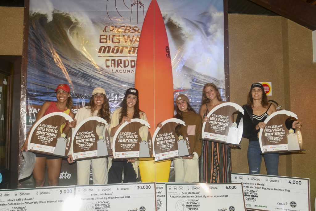 Pódio Feminino do CBSurf Big Wave Mormaii 2026.